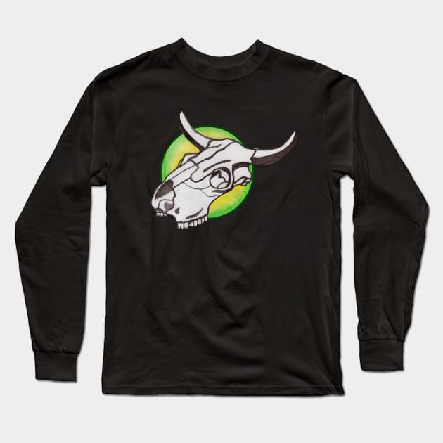 Cow Skull In Green Circle Long Sleeve T-Shirt by deadblackpony